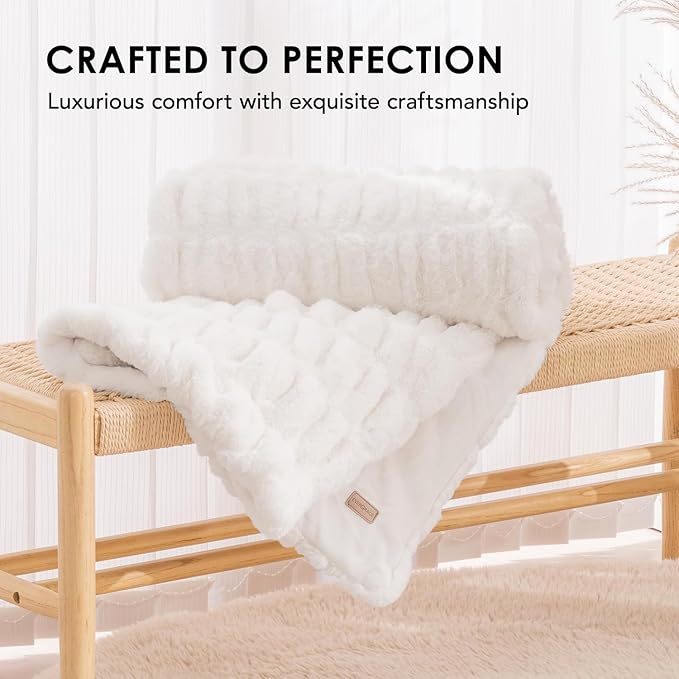 EVERGRACE Luxurious Soft Faux Rabbit Fur Throw Blanket, Cozy Fuzzy Plush Warm Throws for Couch Bed Sofa Chair Home Decor, Ruched Bubble Fluffy Blanket with Reversible Velvet, 50" x 60", Ivory White