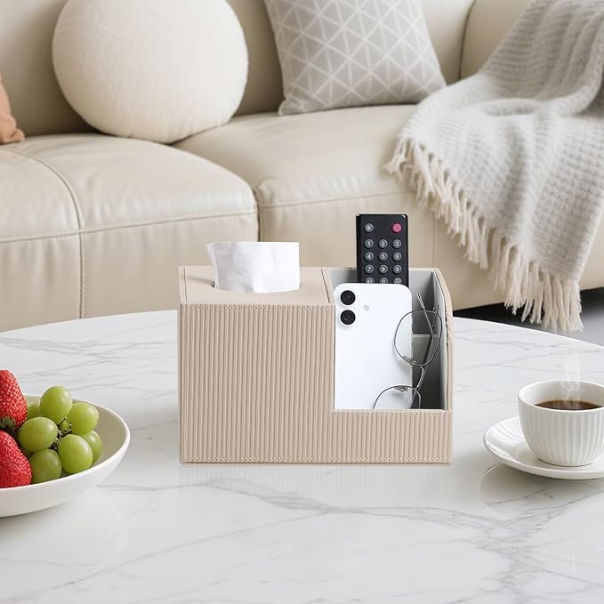 Square Tissue Box Cover with 2 Compartments Storage Organizer, PU Leather Tissue Box Holder with Remote Control Holder for Livingroom Nightstand, Multifunctional Cube Tissue Holder (Beige)