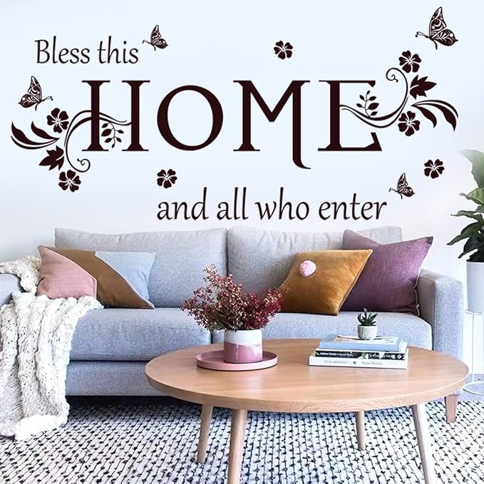 Wall Decals Wall Decor Sticker Quote Bless This Home and All who Enter Removable Mural Wall Stickers for Living Room Dining Room Bedroom Entryway Family Home Decoration (Brown)