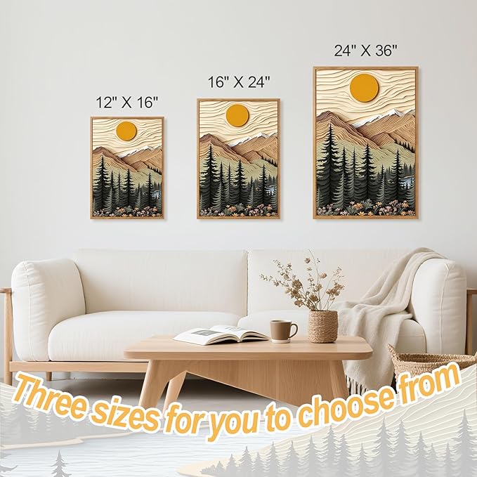 CHDITB Mountain Forest Framed Canvas Wall Art Set Of 3, Rustic Nature Wall Decor, Scenic Lake Sunrise Landscape Painting, Boho Woodland Art Prints For Living Room Bedroom Office Decoration 12”X16”