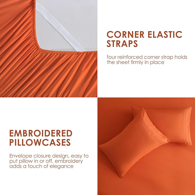 JSD Burnt Orange King Sheet Set with Side Pocket Corner Straps, 4 Piece Soft Microfiber Bed Sheets Extra Deep Pocket