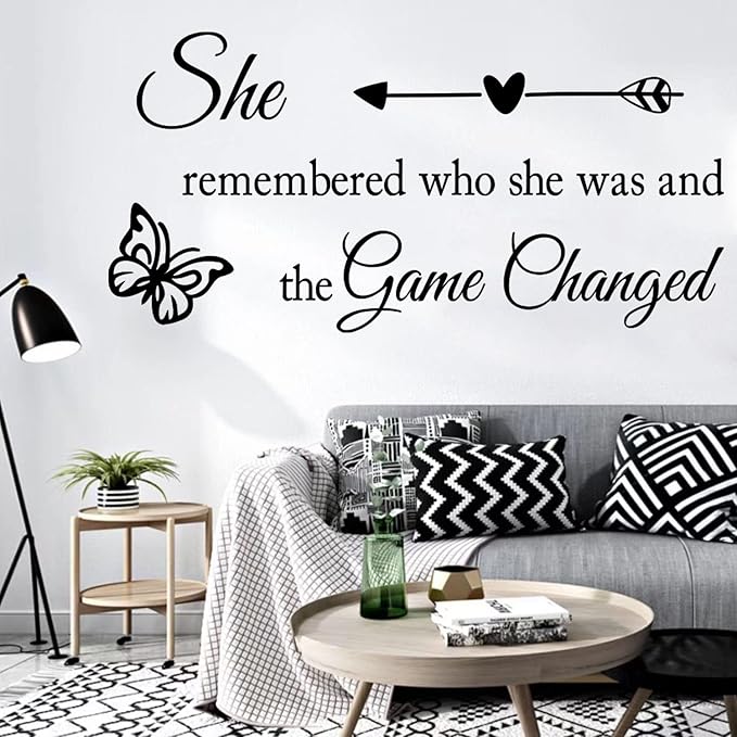 Girls Inspirational Wall Sticker Decal Wall Art Quote She Remembered Who She Was And the Game Changed Positive Motivational Butterfly Decor Wall Stickers for Women Girls Bedroom Living Room Beauty