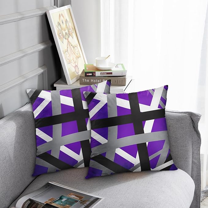 Emvency Set of 2 Throw Pillow Cover Purple Black Stripes Grey White Design Retro Decorative Pillow Case Striped Home Decor Square 18x18 Inch Cushion Pillowcase