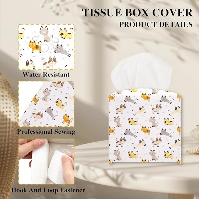 Cute Cats Tissue Box Cover, Modern Tissue Holder Square with Bottom Belt for Home Bathroom Office Car Nightstand Vanity Desk, Housewarming Gifts Ideas for Women Friends Mom -21