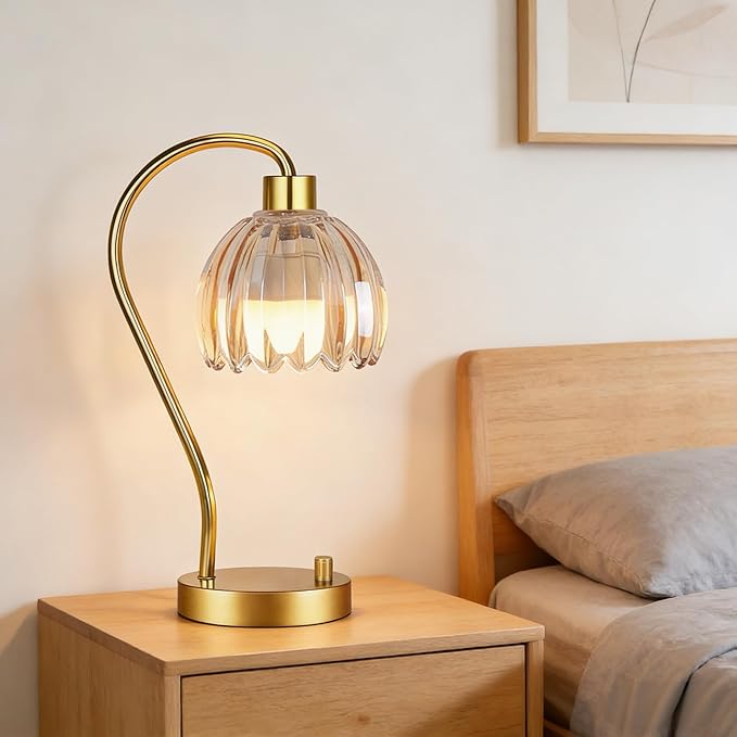 Small Table Lamp Set of 2,Gold Bedside Lamps Dimmable Boho Bedroom Lamp with Glass Tulip Flower Amber Lamp Shade,Vintage Mid Century Modern Mini Nightstand Lamp for Bedroom Living Room