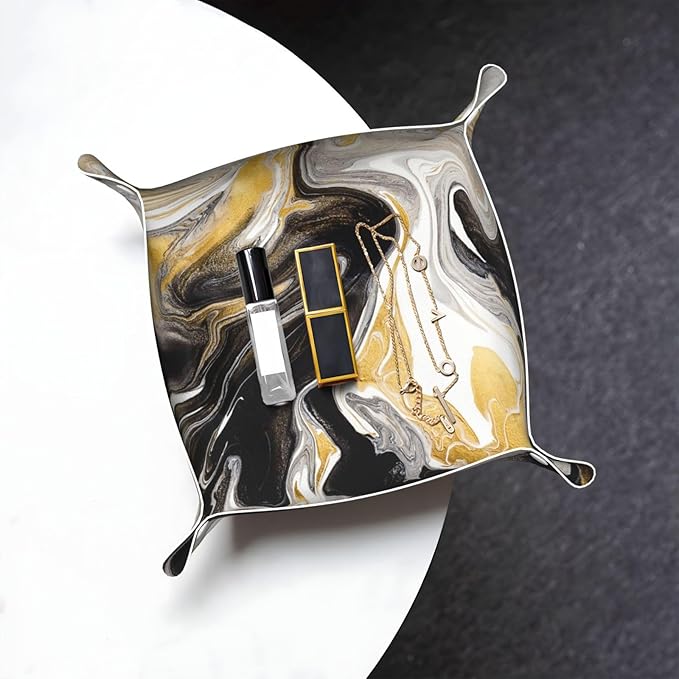 Black and Gold Swirl liquid ink marble Leather Vanity Tray Desktop Storage Organizer Decor Catchall Perfume Bathroom Valet Tray Nightstand Caddy Holder for Keys Phone Wallet Coin Jewelry, S