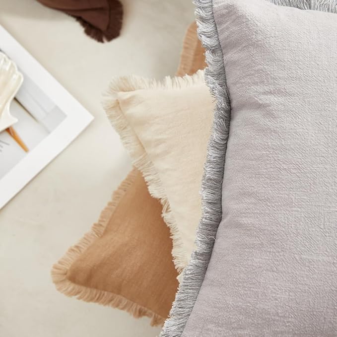 Sunday Praise Set of 2 Linen Fringe Decorative Pillow Covers 20x20 Inch Farmhouse Accent Boho Throw Pillow Cases with Tassels Cozy Soft Square Cushion Covers for Couch Sofa Bed Home Decor,Grey