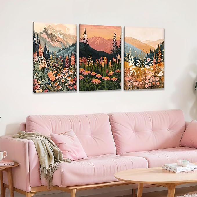 KBKBART Boho Mountain Framed Canvas Wall Art Set of 3, Colorful Landscape Wildflower Daisy Wall Decor, Bohemian Floral Forest Scenery Art Prints for Bedroom Living Room Office 12x16 Inch