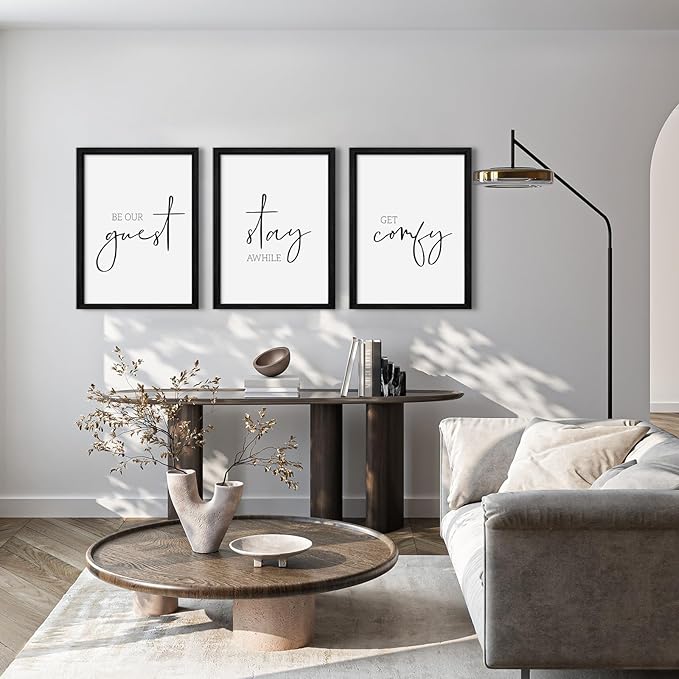 Be Our Guest Wall Decor Guest Room Wall Art Decor Stay Awhile Signs for Home Decor Minimalist Wall Art Over The Bed Sign Guest Bedroom Wall Decor Canvas Painting 16x24 Inch Wood Framed Set of 3