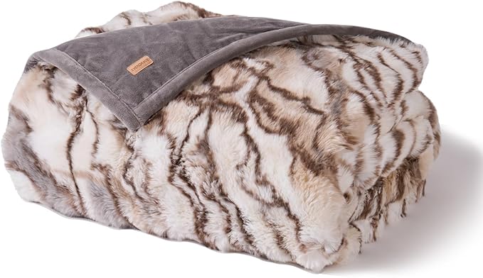 EverGrace Ultra Soft Luxury Fluffy Faux Rabbit Fur Throw Blanket, Thick Warm Bubble Throw for Bed, Cozy Plush Reversible Blankets for Couch, Chair, Sofa, Beige & Gray, 50x60 Inches