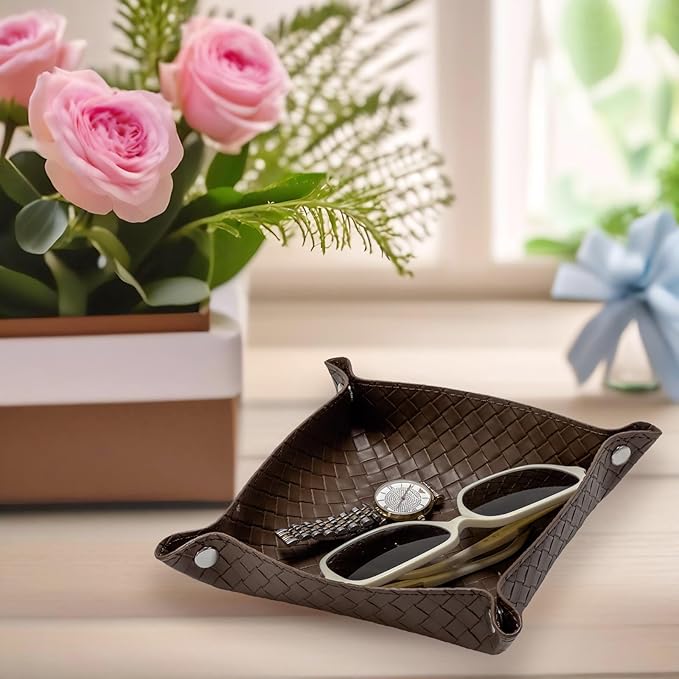 UnionBasic Small Valet Tray, Jewelry Tray for Rings Watches Earrings, Entryway Catchall Caddy for Coins Keys Change, Nightstand Bedside Valet Holder, Trays for Electronic Gadgets, Woven Coffee