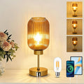 Vintage Gold Touch Table Lamp, Small Desk Lamp with Amber Glass Shade, Bulb, Charging Port, Mid Century Modern Bedside Lamp, 3 Way Dimmable Nightstand Lamp for Bedroom Living Room Home Office
