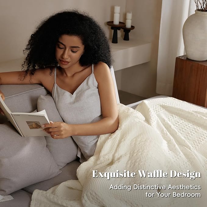 PHF 100% Cotton Waffle Weave Blanket King Size for Bed, Soft Lightweight & Breathable for Spring and Summer, All-Season Comfort, Luxury Aesthetic Blanket for Home Decor, 108"x90", Cannoli Cream