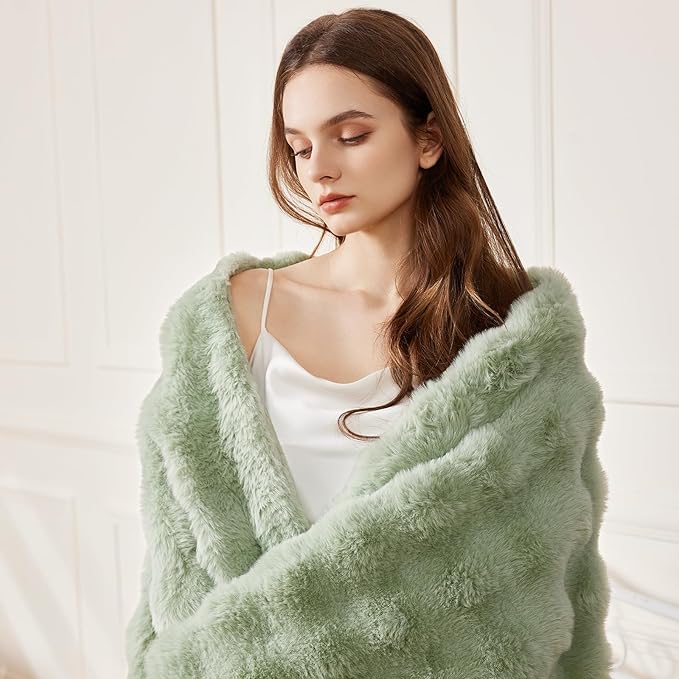 Faux Rabbit Fur Throw Blanket for Couch, Fluffy Warm Plush Thick Bubble Blanket for Bed Sofa Living Room, Soft Cozy Furry Blanket, 60x80 inches, Sage Green