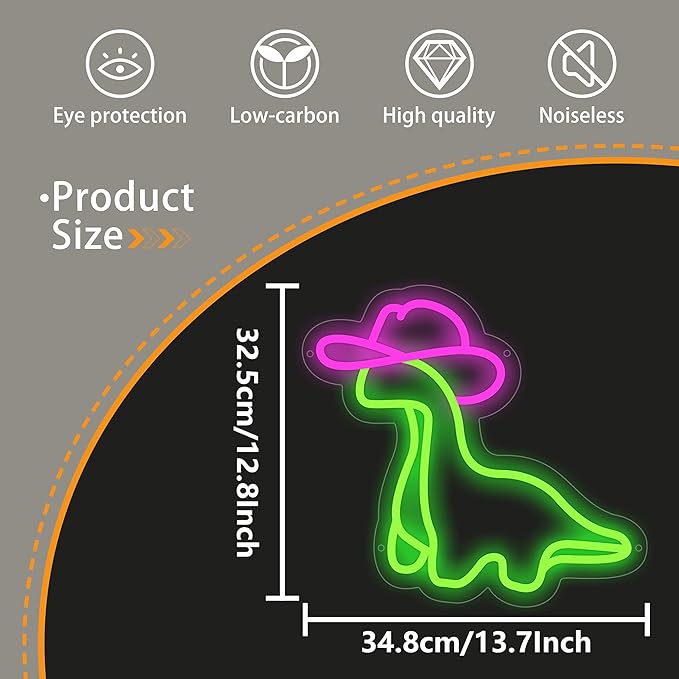 Dinosaur Neon Sign, Cowgirl Dinosaur Led Signs for Wall Decor, Dimmable Neon Light Sign for Girls Room, Bedroom, Game Room, Kids Room, Bar Decoration, USB Powered Light Up Neon Signs