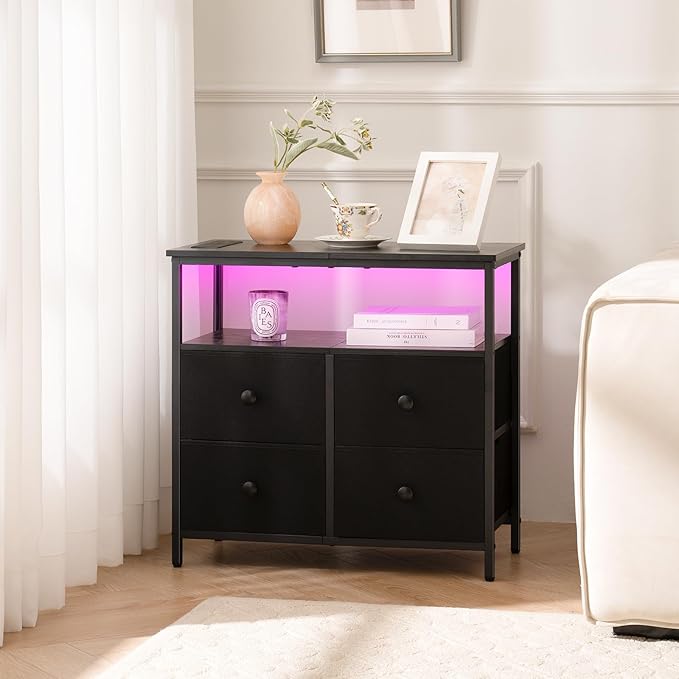 Yoobure Night Stand with Charge Station, Nightstand with 4 Drawers Bedside Table, LED Dresser with Storage Shelf, Night Stands for Bedroom, Side Table 3-Tier Wood End Table for Home, Office Black