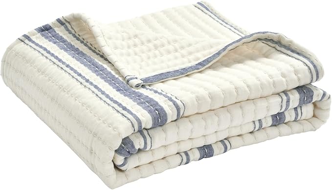 Lush Decor Farmhouse Stripe Kantha Pick Stich Yarn Dyed Cotton Woven Throw Reversible Ticking Pinstripe Design Blanket, 50" x 60", Navy