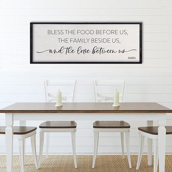 comurdyo Bless the Food Before Us Sign, 32" X 12" for Dining Room Kitchen Large Vintage Wall Decor, Farmhouse Christian Scripture Wooden Framed Religious Wall Hanging Art (Black)