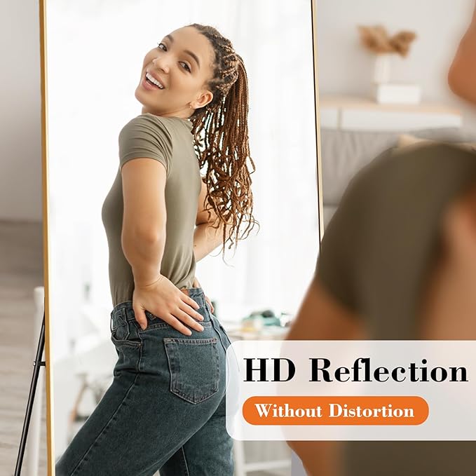 DUMOS Gold Full Length Mirror 59"x16" Full Body Floor Mirror for Bedroom or Cloakroom, Can Stand Alone, Hang or Lean Against Wall, Tall Wall Mirror with Stand and Sleek Aluminum Alloy Thin Frame