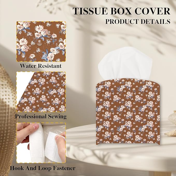 Vintage Flower Tissue Box Cover, Brown Tissue Holder Square with Bottom Belt for Home Bathroom Office Vanity Countertop, Housewarming Gifts Ideas for Women Friends Mom Bestie -10