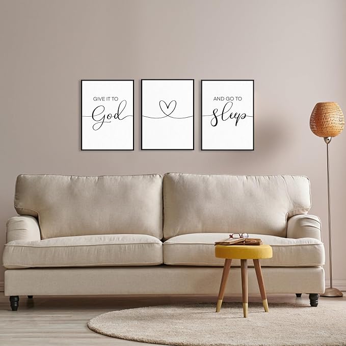 Give It To God And Go To Sleep 3-Piece Wall Sign Decor: Framed Modern Minimalist Quotes for Couples Above Bed 12"x16"