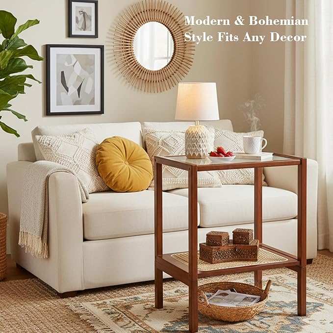 Tiita Rattan Side Table, Mid Century Nightstand, 2-Tier Bamboo Accent Bedside Tables, Glass Coffee Tables, Boho Wooden Narrow End Table with Storage for Small Space, Living Room and Bedroom