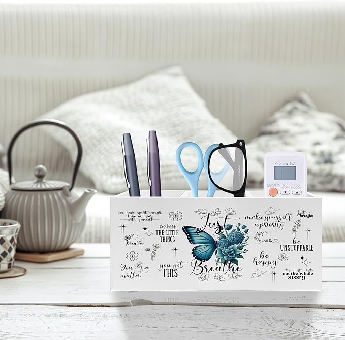 Just Breathe Inspirational Pen Pencil Holder, Therapy Office Decor, Teal Butterfly Flower Mental Health Pencil Pen Holder Organizer for Home Counseling Office Desk Accessories
