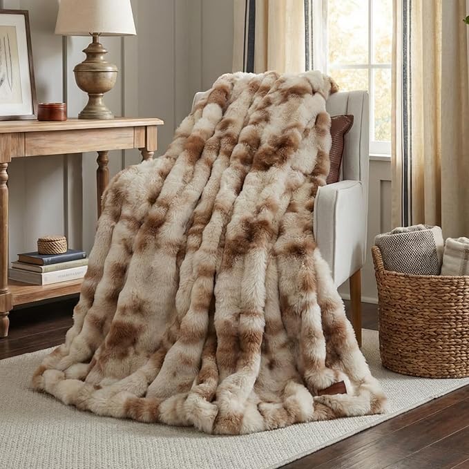 Luxury Double-Sided Faux Fur Throw Blanket for Couch, Camel Cozy Fluffy Bubble Blanket for Airplane RV Car Road Trip Spring Camping Travel Office Nap Home Bed, Machine Washable, 50" x 60"