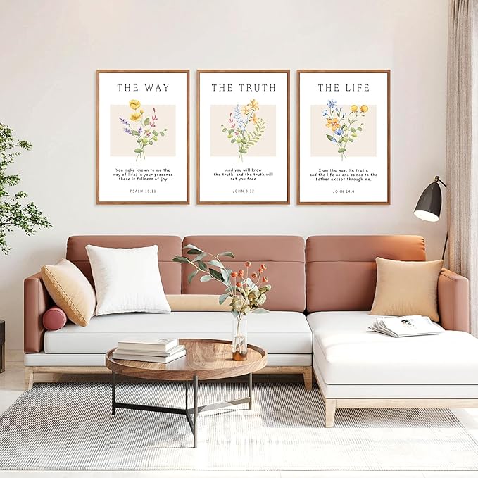 CHDITB Floral Christian Framed Canvas Wall Art Set, Bible Verse Wall Decor, The Way The Truth The Life Wall Painting,Botanical flowers Scripture Art Prints for Living Room Prayer Decor(12X16 Inch)
