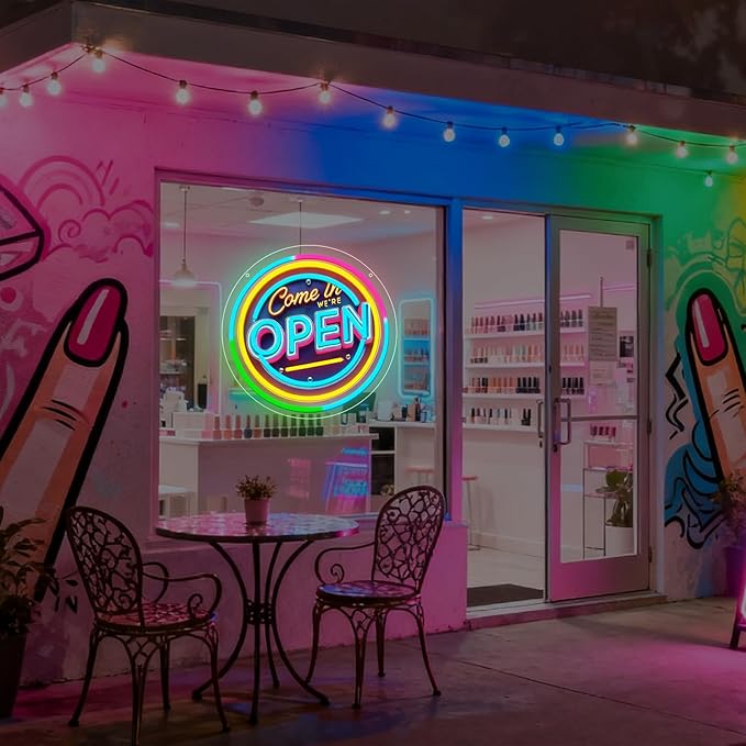 Neon Open Sign for Business, 13 * 13'' Colorful Adjustable Brightness Come in We’re Open Sign for Business Walls Window Party Bar Salon Shop Hotel