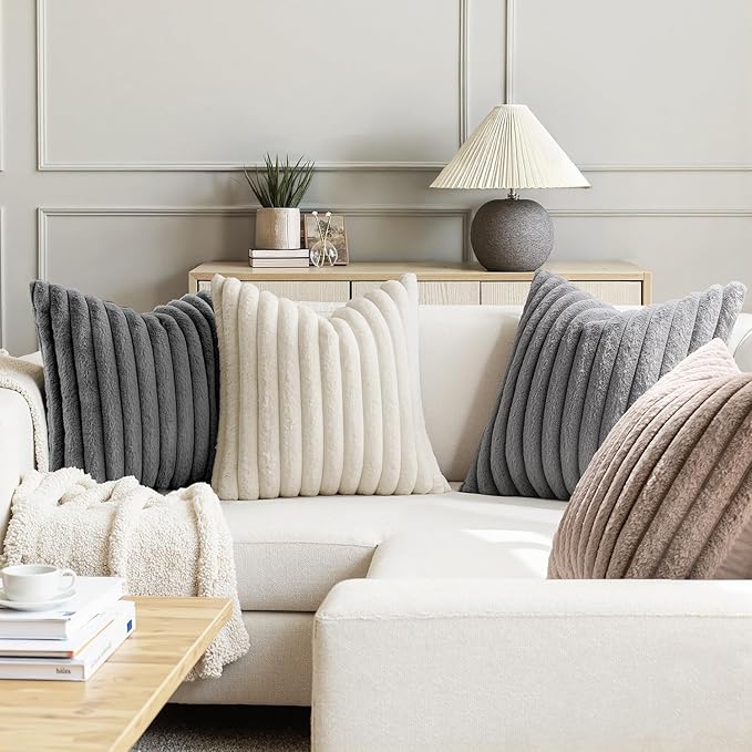 MIULEE Faux Fur Plush Decorative Throw Pillow Covers 18x18 Set of 4, Boho Farmhouse Soft Fuzzy Striped Cushion Covers for Sofa Couch Bed Living Room Vintage Rustic Home Decor,Grey Taupe