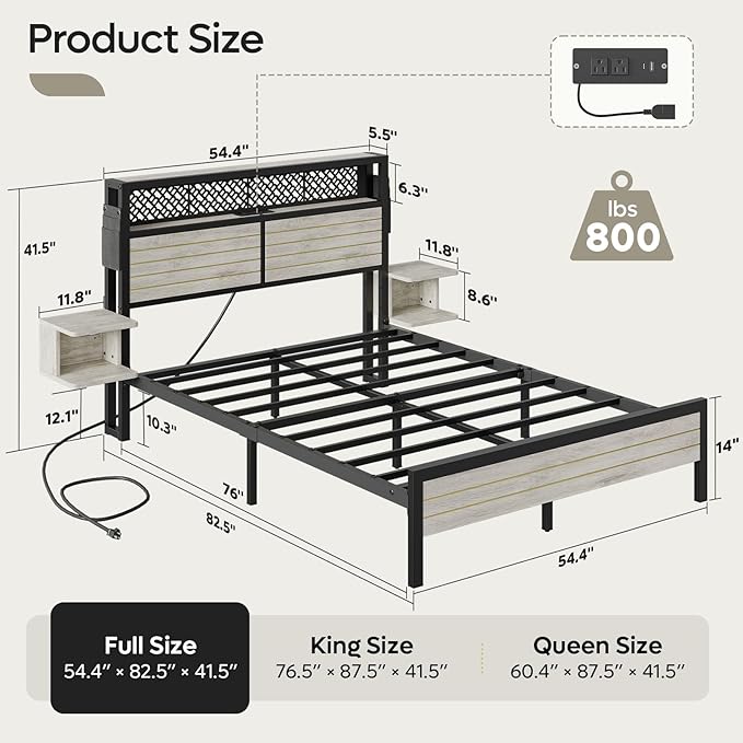 Bestier Full Bed Frame with Horizontal Golden Stripe Storage Headboard&LED Nightstands, Metal Platform Bed with Charging Station, Heavy Duty Metal Slats, No Box Spring Needed, Noise Free(Grey Oak)