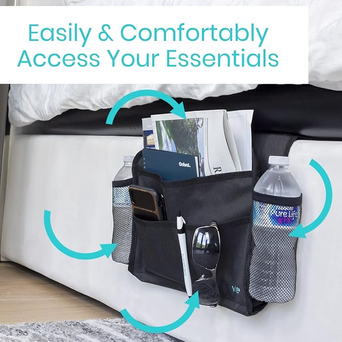 Vive Bedside Caddy - Bed Hanging Organizer - Storage Bag Shelf for College Dorm, Bedroom, Couch, Bunk - 8 Large Pockets with Charger Slots for Men and Women - Slides Under Mattress - Handle for Travel