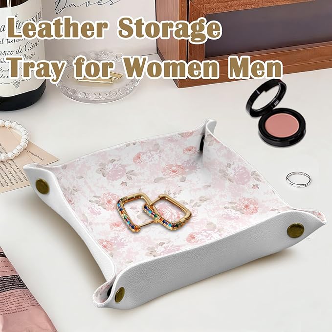 Pink Floral Jewelry Valet Tray for Women, Cottagecore Pink Rose Flower PU Leather Catchall Beside Caddy Nightstand Organizer Tray for Jewelry Rings Watches Keys and Accessories, 7.87x7.87in