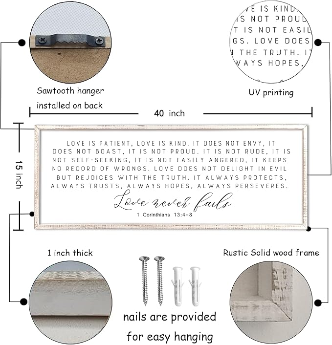 Love is Patient Kind Sign Wall Art 40"X15" 1 Corinthians 13 Bible Verse for Bedroom Above Over Bed Christianity Large Wood Framed Wall Hanging Decor (White）