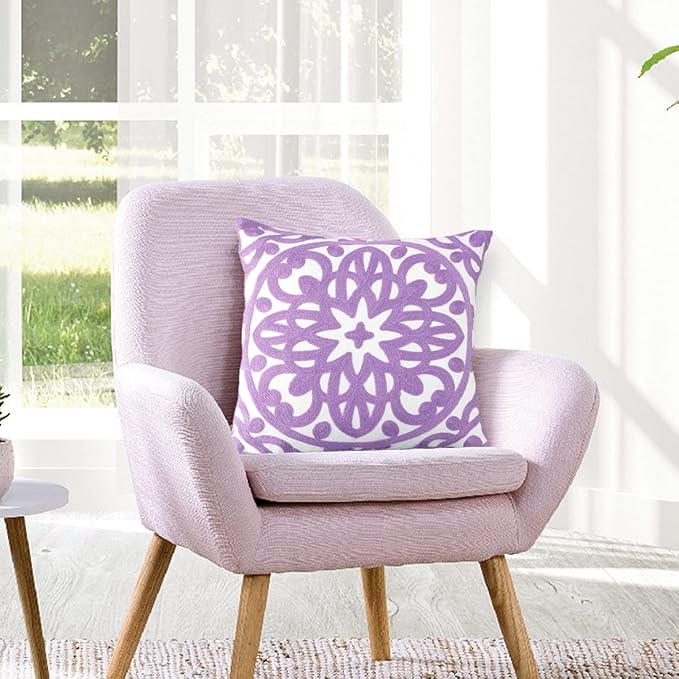 Alysheer Embroidered Decorative Throw Pillow Covers 18"x18" Set of 2 Pieces, Cozy Boho Mandala Knit Pattern, 100% Cotton Canvas Light Purple Cushion Cases for Sofa Couch Living Room (Lilac Lavender)