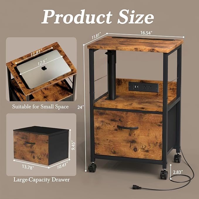 360° Swivel Nightstand with Height Adjustable, Lift Top Bedside Table with Charging Station, Rolling Night Stand with Fabric Drawer, End Table with Wheels, for Bedroom, Living Room, Rustic Brown