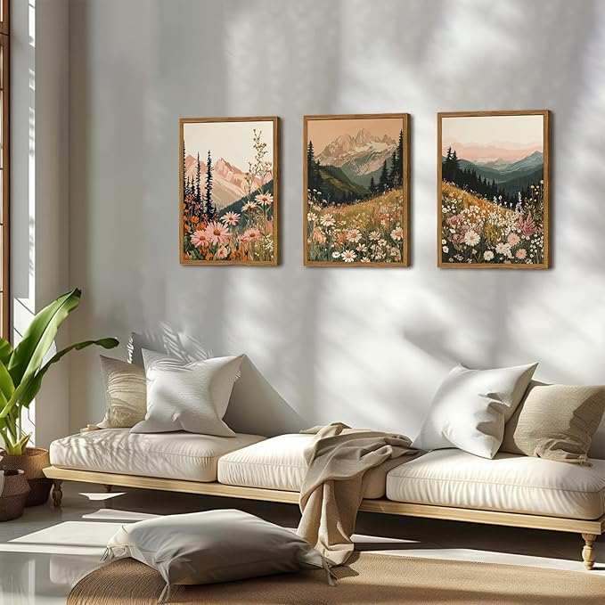 Framed Boho Colorful Wildflower Landscape Wall Art Set of 3, Vintage Floral Mountain Wall Decor Paintings, Nature Flower Pictures Canvas Prints for Living Room Bedroom Office 12x16 inch