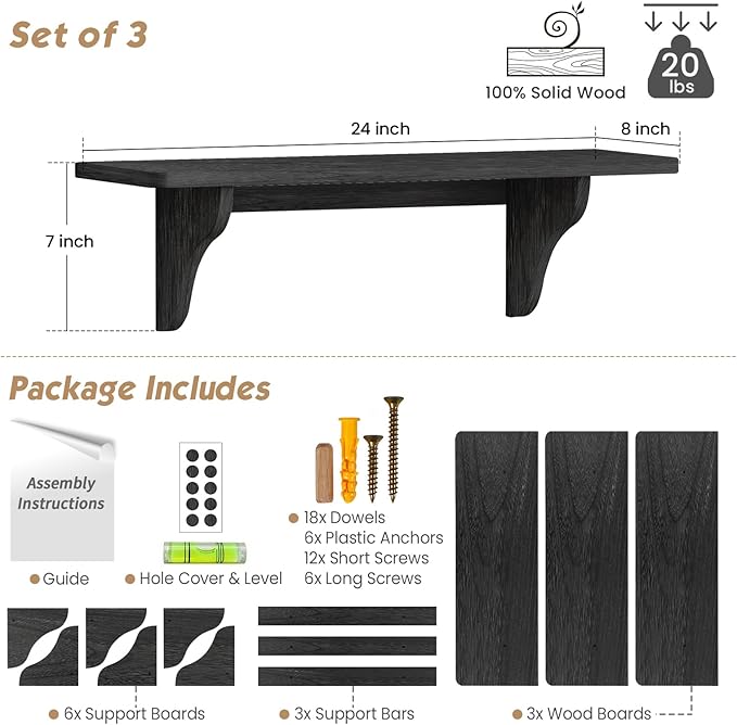 Forbena Wall Mounted Shelves for Bedroom 24 Inches Long, 8 Inch Deep Floating Shelves for Wall, Large Hanging Arched Shelf for Kids Bathroom Living Room Office Decor Plants Books (3-Pack, Black)