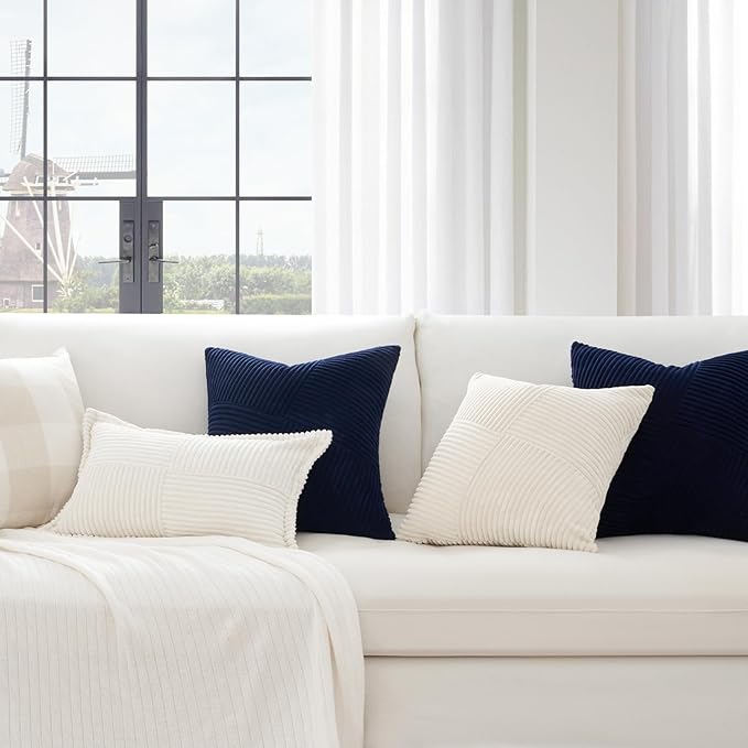 Topfinel Fall Pillow Covers Set of 2 Soft Corduroy Boho Strip Textured Blue Pillow Covers Modern Farmhouse Cute Autumn Home Decor Blue Living Room Sofa Couch Bed 45x45 cm