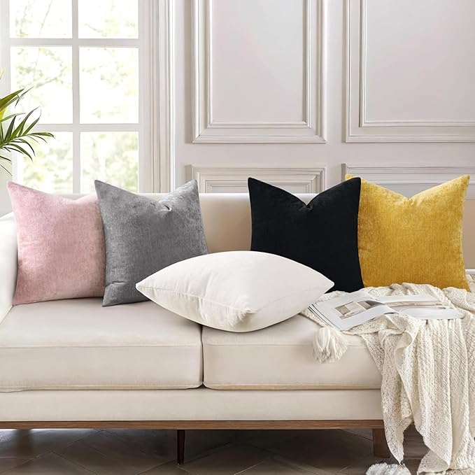 decorUhome Chenille Dark Grey Throw Pillow Covers 24x24 Inch Set of 2, Decorative Soft Couch Pillow Covers Solid Dyed Accent Velvet Farmhouse Neutral Square Pillow Cases for Sofa Bed Living Room