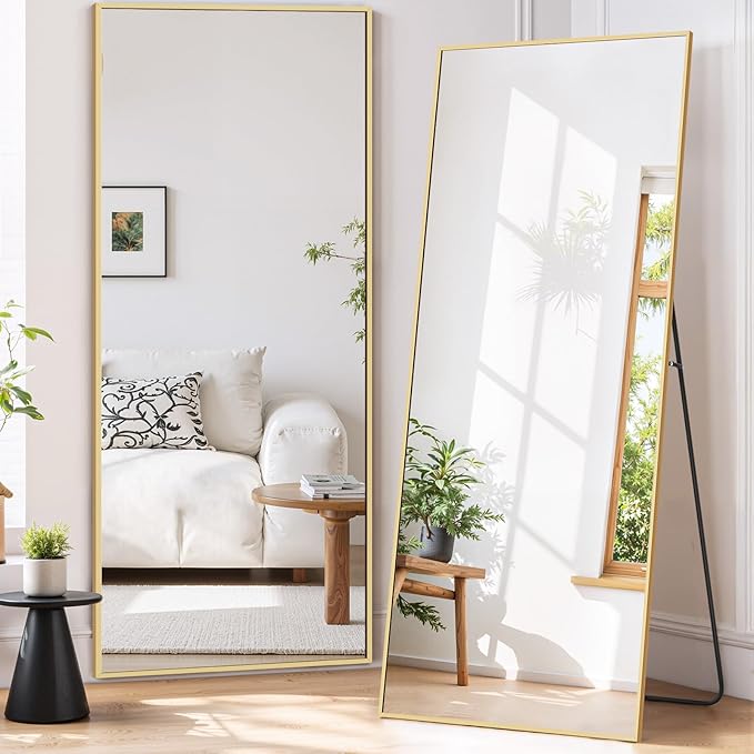Full Length Mirror 65"x24" Full Body Mirror Rectangle Free Standing Wall Mounted Leaning Floor Mirrors with Stand Aluminum Alloy Frame for Bedroom Cloakroom, Gold