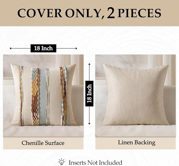 ANRODUO Pack of 2 Boho Decorative Throw Pillow Covers 20x20 Farmhouse Cushion Case Striped Chenille Pillow Cases Square Pillow Covers Accent Neutral Pillowcase for Sofa Couch Bed, Blue-Earth Tones