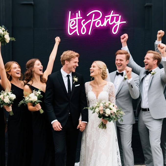 Let's Party Neon Sign, LED Dimmable Let's Party Light Up Sign Neon Light Signs for Wall Decor Art Decorative Lights for Birthday, Wedding, Bachelorette, Engagement Party Decorations 15.91x7.09 Pink