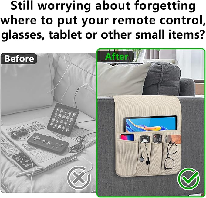 Couch Organizer Remote Control Holder Armchair Caddy, Anti Slip Corduroy Tv Remote Holder Couch Caddy with 5 Pockets for Storage Couch Accessories Bedside Organizer Senior Citizen Gifts