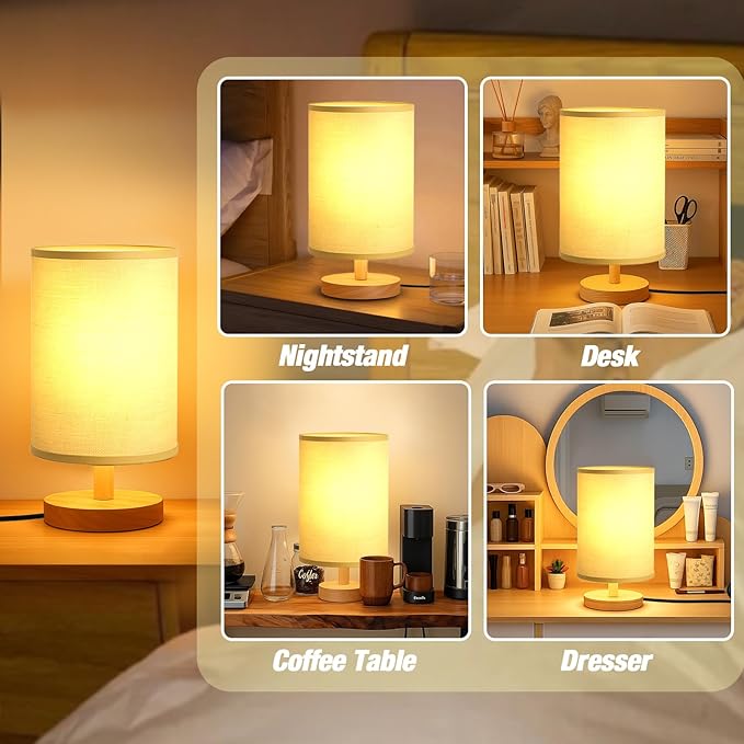 Desk Lamp LED Bulb Included, Small Bedside Table Lamp Plug-in - Classic Wood Base with Flaxen Fabric Shade, Lamps for Night Stands, Simple Nightstand Light for Bedroom, Office, Desk