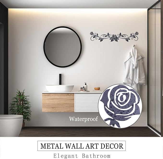 AHYS Metal Flowers Wall Decor Rustic Flat Rose Vine Wall Art for Farmhouse Home Living Room Bedroom for Above Door/Bed/Windows Decor (Black) - 29x6.3 Inch