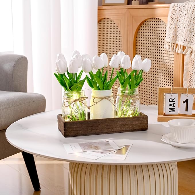 BLEUM CADE Centerpiece Table Decorations - Mason Jar Lights Centerpiece for Kitchen Dining Table Farmhouse Coffee Table Wedding Home Decor with 3 Jars Tulips Artificial Flowers & Wood Tray