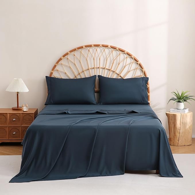 JSD Navy Blue King Sheet Set with Side Pocket Corner Straps, 4 Piece Soft Microfiber Bed Sheets Extra Deep Pocket