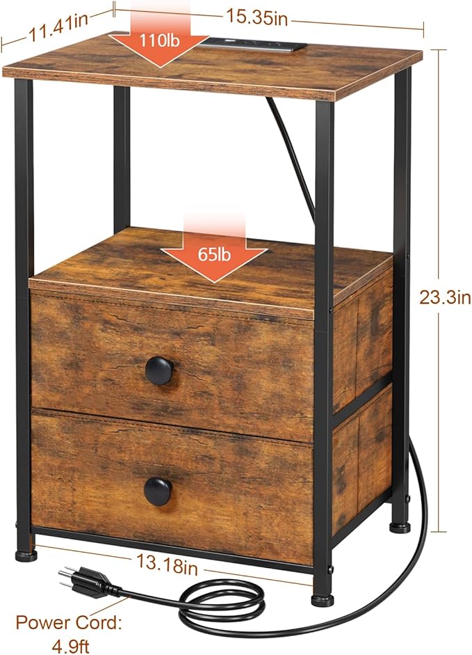 Night Stand Set 2, LED Nightstand with Charging Station, End Tables with Storage Shelf for Small Space, Bedside Table with 2 Fabric Drawers for Bedroom, Brown HETS02PQBR